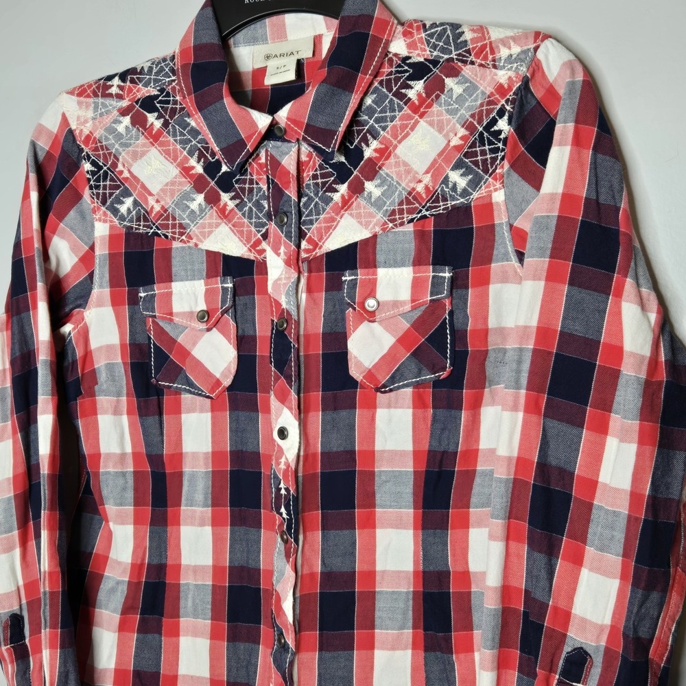 Ariat Plaid Western Snap Button Down Shirt‎ Small Red White Blue Embroidered